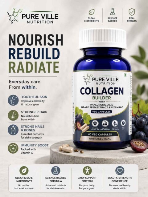Pure Ville Nutrition Collagen + Grape Seed Extract + Hyaluronic Acid + Vitamin C Caps – 60 Veg Caps