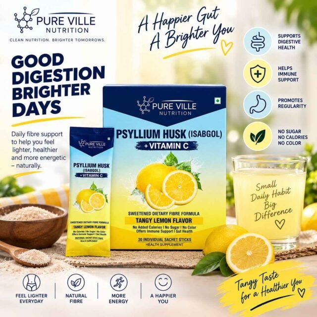 Pure Ville Nutrition Psyllium Husk + Vitamin C Lemon Sachets – 30 Sachets